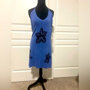 Honor The Gift Blue Backless Dress with Black Floral Accents